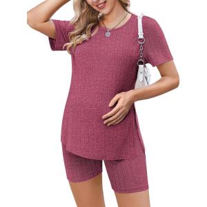 image:imageEkouaer Maternity Sets 2 Piece Outfits Ribbed Knit Short Sleeve Shirts and Biker Shorts Pregnancy Loungewear Mama ClothesRose Red