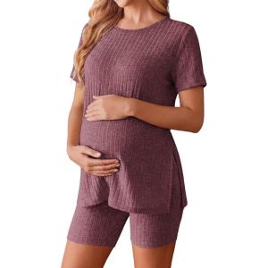 image:imageEkouaer Maternity Sets 2 Piece Outfits Ribbed Knit Short Sleeve Shirts and Biker Shorts Pregnancy Loungewear Mama ClothesWine Red