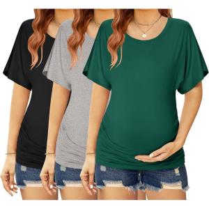 image:imageEkouaer Maternity Shirts 3 Packs Dolman Sleeve Side Ruched Tops Tunic Casual Pregnancy Clothes SXXLBlackGreenGray