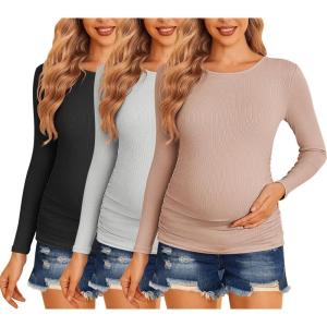 image:imageEkouaer Maternity Shirts 3 Packs Women Long Sleeve Pregnancy Tee Tops Tunic Blouse Ribbed Side Ruched Mama Clothes SXXLBlackDirty PinkGrey