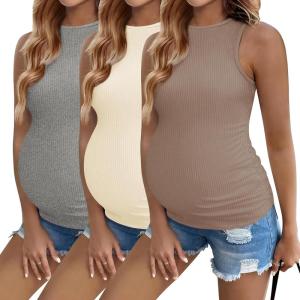 image:imageEkouaer Women Maternity Tank Tops 3 Packs Crew Neck Ribbed Pregnancy Shirts Mama Clothes3pcs Beige Light Grey Offwhite