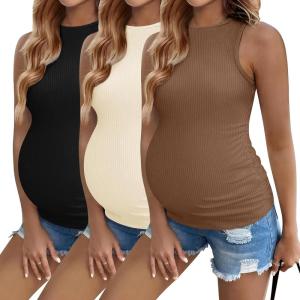 image:imageEkouaer Women Maternity Tank Tops 3 Packs Crew Neck Ribbed Pregnancy Shirts Mama Clothes3pcs Black Brown Offwhite