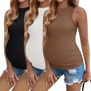 image:imageEkouaer Women Maternity Tank Tops 3 Packs Crew Neck Ribbed Pregnancy Shirts Mama Clothes3pcs Black Brown White
