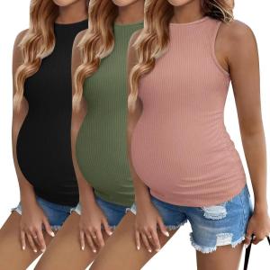 image:imageEkouaer Women Maternity Tank Tops 3 Packs Crew Neck Ribbed Pregnancy Shirts Mama Clothes3pcs Black Dirty Pink Army Green
