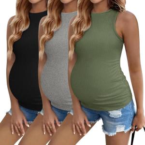 image:imageEkouaer Women Maternity Tank Tops 3 Packs Crew Neck Ribbed Pregnancy Shirts Mama Clothes3pcs Black Grey Army Green