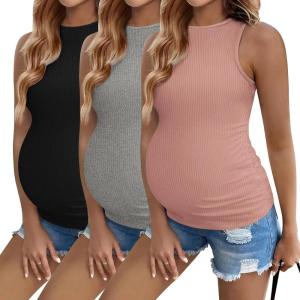 image:imageEkouaer Women Maternity Tank Tops 3 Packs Crew Neck Ribbed Pregnancy Shirts Mama Clothes3pcs Black Grey Dirty Pink