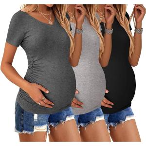 image:imageEkouaer Womens Maternity Shirts 3 Packs V Neck Tops Tunic Pregnancy Clothes Side Ruched Short Sleeve Casual T Shirt SXXLBlackDark GreyLight Grey
