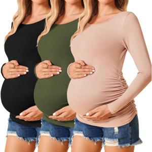 image:imageEkouaer Womens Maternity Shirts Long Sleeve 3 Packs Pregnancy Tee Top Tunic Blouse Casual Mama Clothes SXXL3pcs Black  Army Green  Dirty Pink