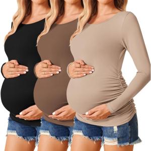 image:imageEkouaer Womens Maternity Shirts Long Sleeve 3 Packs Pregnancy Tee Top Tunic Blouse Casual Mama Clothes SXXL3pcs Black  Brown  Khaki