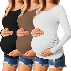 image:imageEkouaer Womens Maternity Shirts Long Sleeve 3 Packs Pregnancy Tee Top Tunic Blouse Casual Mama Clothes SXXL3pcs Black  Brown  White