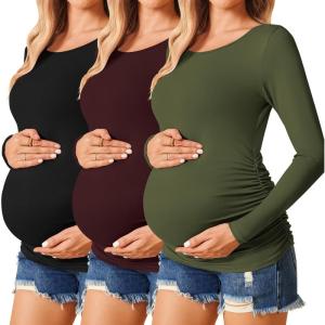 image:imageEkouaer Womens Maternity Shirts Long Sleeve 3 Packs Pregnancy Tee Top Tunic Blouse Casual Mama Clothes SXXL3pcs Black  Burgundy Red  Army Green