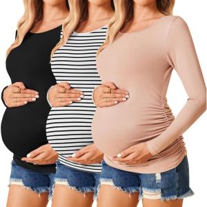 image:imageEkouaer Womens Maternity Shirts Long Sleeve 3 Packs Pregnancy Tee Top Tunic Blouse Casual Mama Clothes SXXL3pcs Black  Dirty Pink  White Stripe