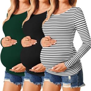 image:imageEkouaer Womens Maternity Shirts Long Sleeve 3 Packs Pregnancy Tee Top Tunic Blouse Casual Mama Clothes SXXL3pcs Black  Green  White Stripe