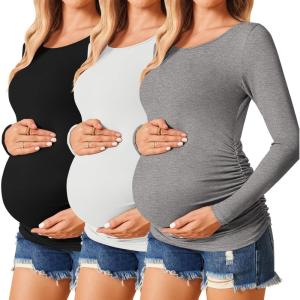 image:imageEkouaer Womens Maternity Shirts Long Sleeve 3 Packs Pregnancy Tee Top Tunic Blouse Casual Mama Clothes SXXL3pcs Black  White  Grey