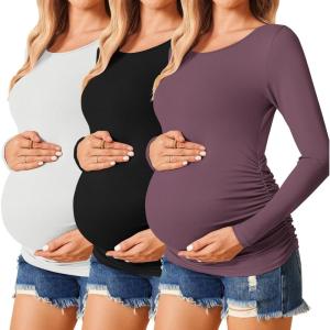 image:imageEkouaer Womens Maternity Shirts Long Sleeve 3 Packs Pregnancy Tee Top Tunic Blouse Casual Mama Clothes SXXL3pcs Black  White  Purplish Red