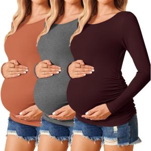 image:imageEkouaer Womens Maternity Shirts Long Sleeve 3 Packs Pregnancy Tee Top Tunic Blouse Casual Mama Clothes SXXL3pcs Burgundy Red  Caramel  Dark Grey