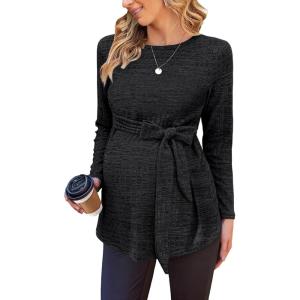 image:imageEkouaer Womens Maternity Shirts Long Sleeve Pregnancy Tops Casual Ribbed Knit Winter Pregnant BlousesBlack