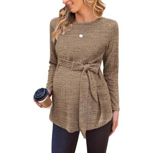 image:imageEkouaer Womens Maternity Shirts Long Sleeve Pregnancy Tops Casual Ribbed Knit Winter Pregnant BlousesMocha Brown
