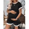 image:imageEkouaer Maternity Pajamas 2 Piece Outfits Waffle Knit Short Sleeve Tops and Shorts Loungewear Set Pregnancy ClothesBlack