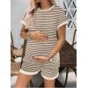 image:imageEkouaer Maternity Pajamas 2 Piece Outfits Waffle Knit Short Sleeve Tops and Shorts Loungewear Set Pregnancy ClothesBrown Stripes