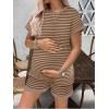 image:imageEkouaer Maternity Pajamas 2 Piece Outfits Waffle Knit Short Sleeve Tops and Shorts Loungewear Set Pregnancy ClothesCoffee Stripes