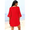 image:imageEkouaer Womens Swimsuit Cover Up 34 Bell Sleeve Beachwear Coverups Deep VNeck Bikini Beach Dress S3XLRed