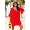 image:imageEkouaer Womens Swimsuit Cover Up 34 Bell Sleeve Beachwear Coverups Deep VNeck Bikini Beach Dress S3XLRed