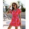 image:imageEkouaer Womens Swimsuit Coverup Short Sleeve Beach Cover Up Dress V Neck Bikini BeachwearRed Floral01