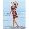 image:imageEkouaer Womens Swimsuit Coverup Short Sleeve Beach Cover Up Dress V Neck Bikini BeachwearRed Leaf01
