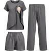 image:imageEkouaer 3 PCS Maternity Nursing Pajamas Set Postpartum Breastfeeding Short Sleeve Shirts Pregnancy Shorts amp Pants Pjs SXXLGrey