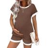 image:imageEkouaer Maternity Pajamas 2 Piece Outfits Waffle Knit Short Sleeve Tops and Shorts Loungewear Set Pregnancy ClothesBrown