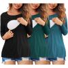 image:imageEkouaer Women 3 Packs Nursing Shirts Long Sleeve Breastfeeding Tops Round Neck Postpartum Clothes Double Layer Maternity TeeBlack  Lake Green  Blue Green