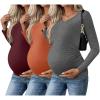 image:imageEkouaer Womens Maternity Shirts Long Sleeve 3 Packs Pregnancy VNeck Clothes Side Ruched Blouse Tops for Mama SXXLMaroonCaramelDark Grey