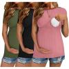 image:imageEkouaer Womens Nursing Tops 3 Pack Short Sleeve Ribbed Breastfeeding Shirts Double Layer Maternity Shirt Pregnancy ClothesBlackArmy GreenPink