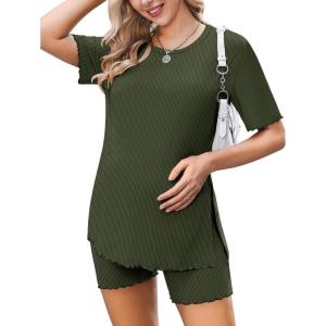 image:imageEkoauer Women 2 Piece Maternity Pajamas Set Lightweight Pregnancy Outfit Ribbed Knit Postpartum Loungewear Set with PocketArmy Green