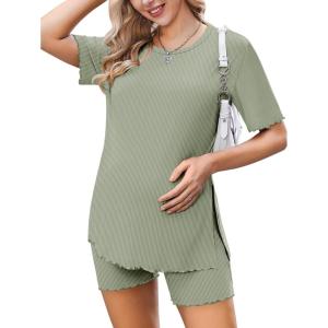 image:imageEkoauer Women 2 Piece Maternity Pajamas Set Lightweight Pregnancy Outfit Ribbed Knit Postpartum Loungewear Set with PocketLight Green