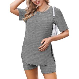 image:imageEkoauer Women 2 Piece Maternity Pajamas Set Lightweight Pregnancy Outfit Ribbed Knit Postpartum Loungewear Set with PocketLight Grey