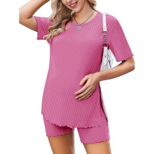 image:imageEkoauer Women 2 Piece Maternity Pajamas Set Lightweight Pregnancy Outfit Ribbed Knit Postpartum Loungewear Set with PocketRose Red