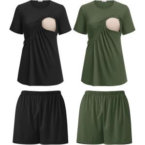 image:imageEkouaer 2 Pack Womens Nursing Pajamas Set Double Layer Maternity Pjs Postpartum Loungewear Set Breastfeeding Tops amp ShortsBlackArmy Green