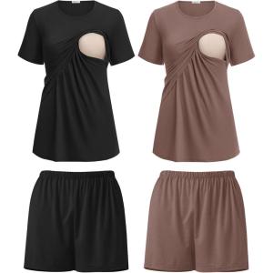 image:imageEkouaer 2 Pack Womens Nursing Pajamas Set Double Layer Maternity Pjs Postpartum Loungewear Set Breastfeeding Tops amp ShortsBlackBrown