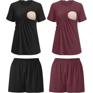 image:imageEkouaer 2 Pack Womens Nursing Pajamas Set Double Layer Maternity Pjs Postpartum Loungewear Set Breastfeeding Tops amp ShortsBlackDark Red