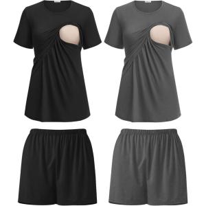image:imageEkouaer 2 Pack Womens Nursing Pajamas Set Double Layer Maternity Pjs Postpartum Loungewear Set Breastfeeding Tops amp ShortsBlackDeep Grey