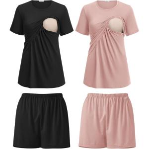 image:imageEkouaer 2 Pack Womens Nursing Pajamas Set Double Layer Maternity Pjs Postpartum Loungewear Set Breastfeeding Tops amp ShortsBlackDirty Pink