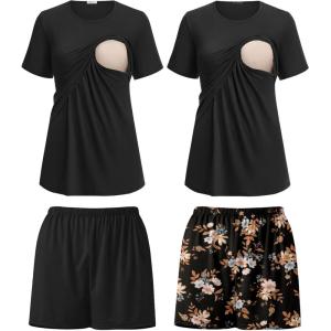 image:imageEkouaer 2 Pack Womens Nursing Pajamas Set Double Layer Maternity Pjs Postpartum Loungewear Set Breastfeeding Tops amp ShortsBlackFloral Black