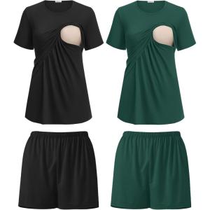 image:imageEkouaer 2 Pack Womens Nursing Pajamas Set Double Layer Maternity Pjs Postpartum Loungewear Set Breastfeeding Tops amp ShortsBlackLake Green
