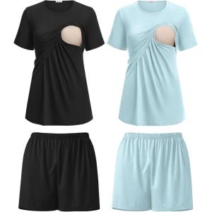 image:imageEkouaer 2 Pack Womens Nursing Pajamas Set Double Layer Maternity Pjs Postpartum Loungewear Set Breastfeeding Tops amp ShortsBlackLight Blue