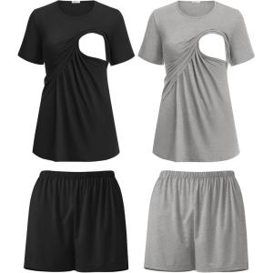 image:imageEkouaer 2 Pack Womens Nursing Pajamas Set Double Layer Maternity Pjs Postpartum Loungewear Set Breastfeeding Tops amp ShortsBlackLight Grey