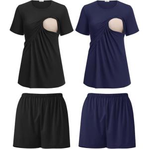 image:imageEkouaer 2 Pack Womens Nursing Pajamas Set Double Layer Maternity Pjs Postpartum Loungewear Set Breastfeeding Tops amp ShortsBlackNavy Blue