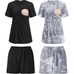 image:imageEkouaer 2 Pack Womens Nursing Pajamas Set Double Layer Maternity Pjs Postpartum Loungewear Set Breastfeeding Tops amp ShortsBlackTie Dyegrey