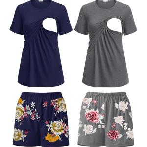 image:imageEkouaer 2 Pack Womens Nursing Pajamas Set Double Layer Maternity Pjs Postpartum Loungewear Set Breastfeeding Tops amp ShortsFloral Navy BlueFloral Light Grey